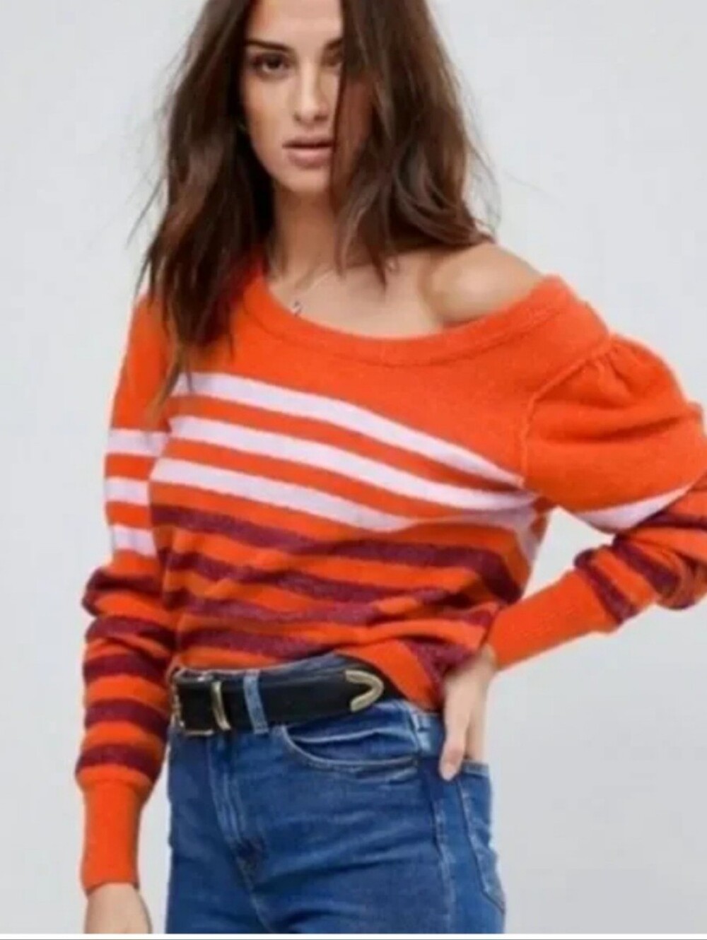 Free People Striped Orange Sweater Alpaca Blend Complete Me Crew Neck Size S